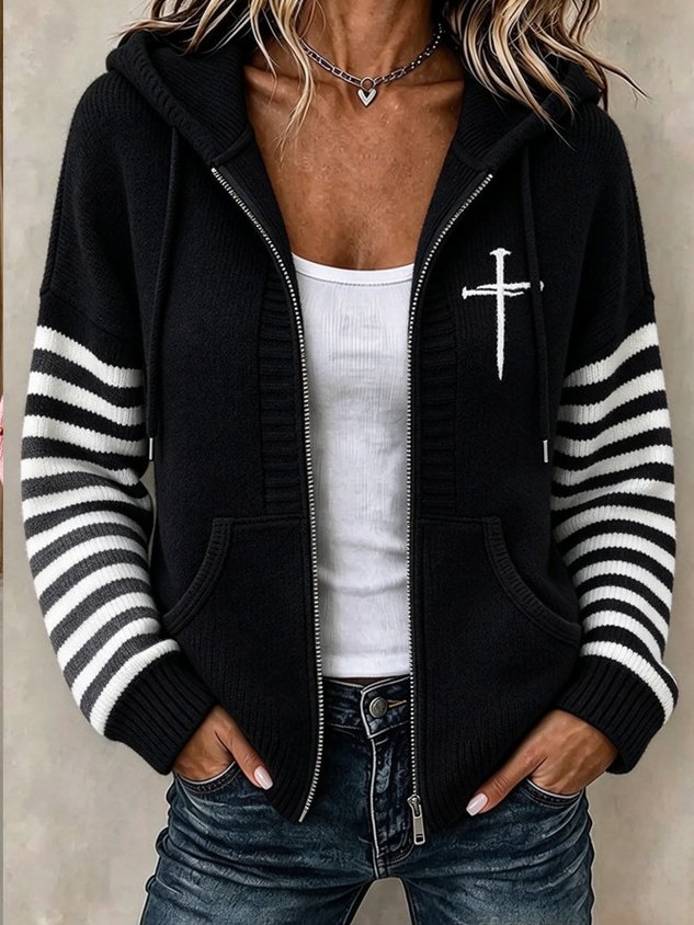 Women Striped Long Sleeve Hoodie Casual Spring/Fall Jacket Outerwear