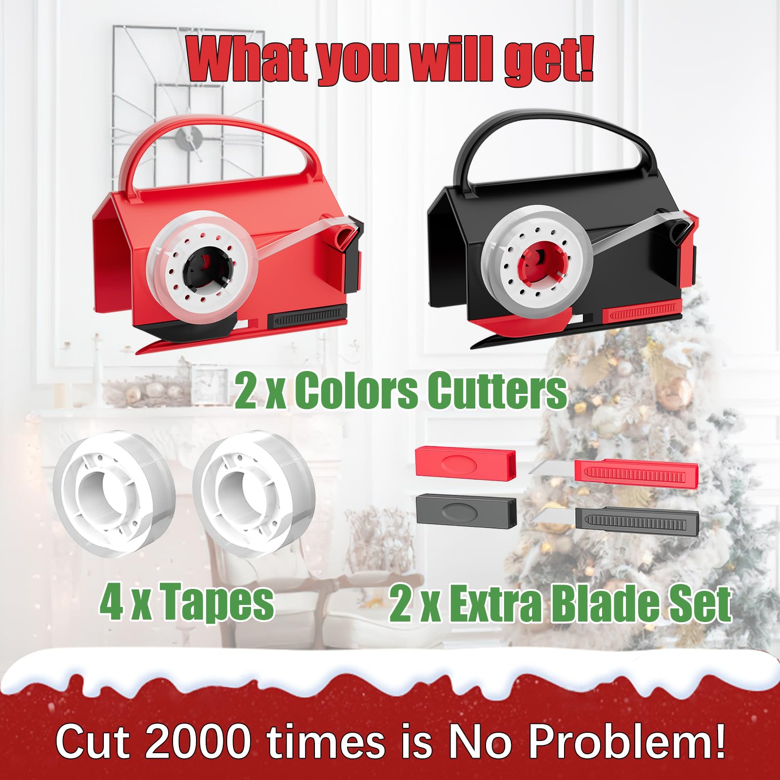 2-Pack Wrapping Paper Cutter & Tape Dispenser for Christmas Gift, Improve Gift Packaging Efficiency, Makes the Cutting line straighter, Cutting Tool with 4 Tapes，2 Replace Blades Kit, Red and Black