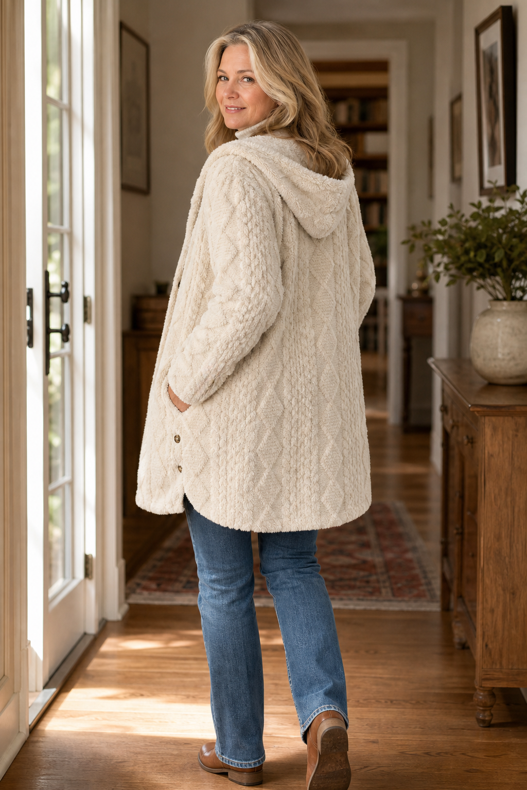 Cable-Knit Hooded Longline Coat