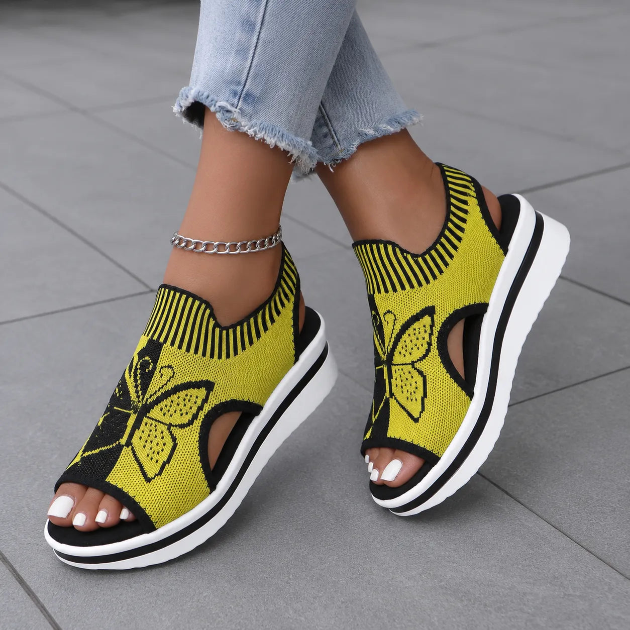 Butterfly Knit Platform Peep Toe Sandals for Women