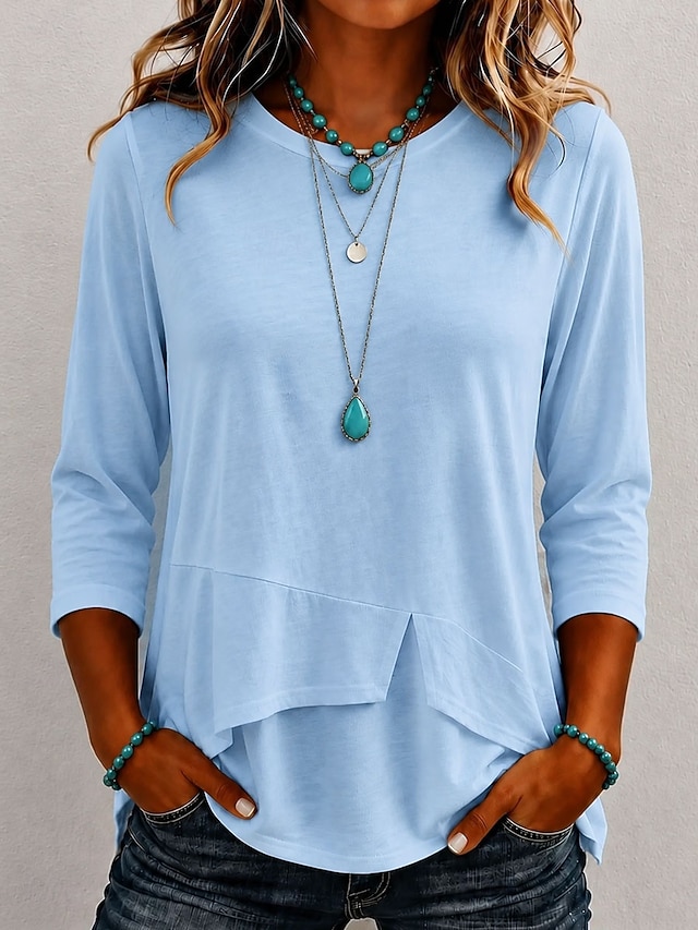 Women's T Shirt Solid Color Stylish Casual Long Sleeve Round Neck Regular Tops