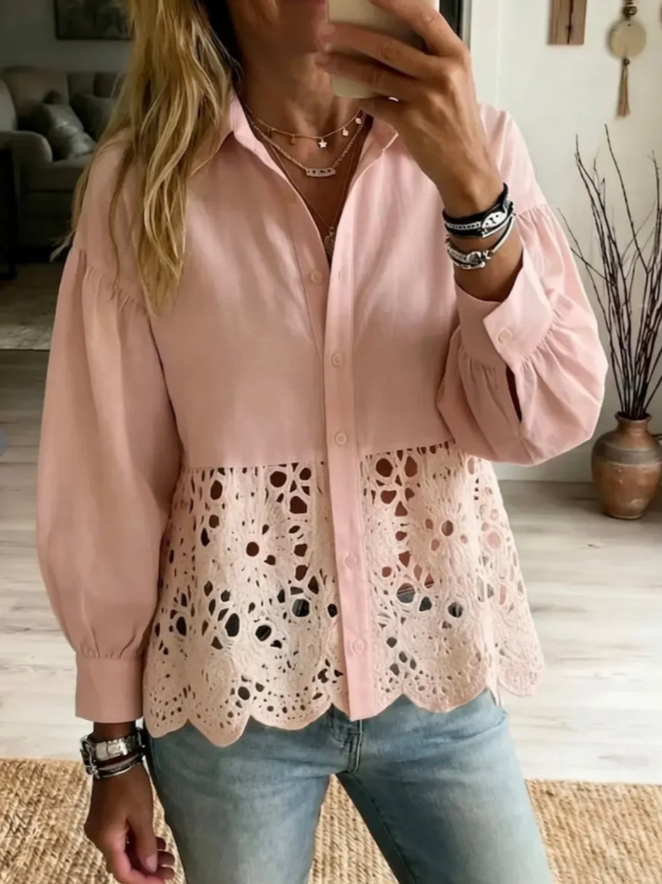 Eyelet Lace Patchwork Balloon Sleeve Button-Down Shirt