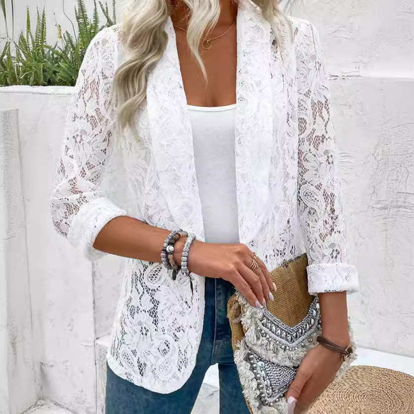 Open Front Floral Lace Lapel Long Sleeve Blaze