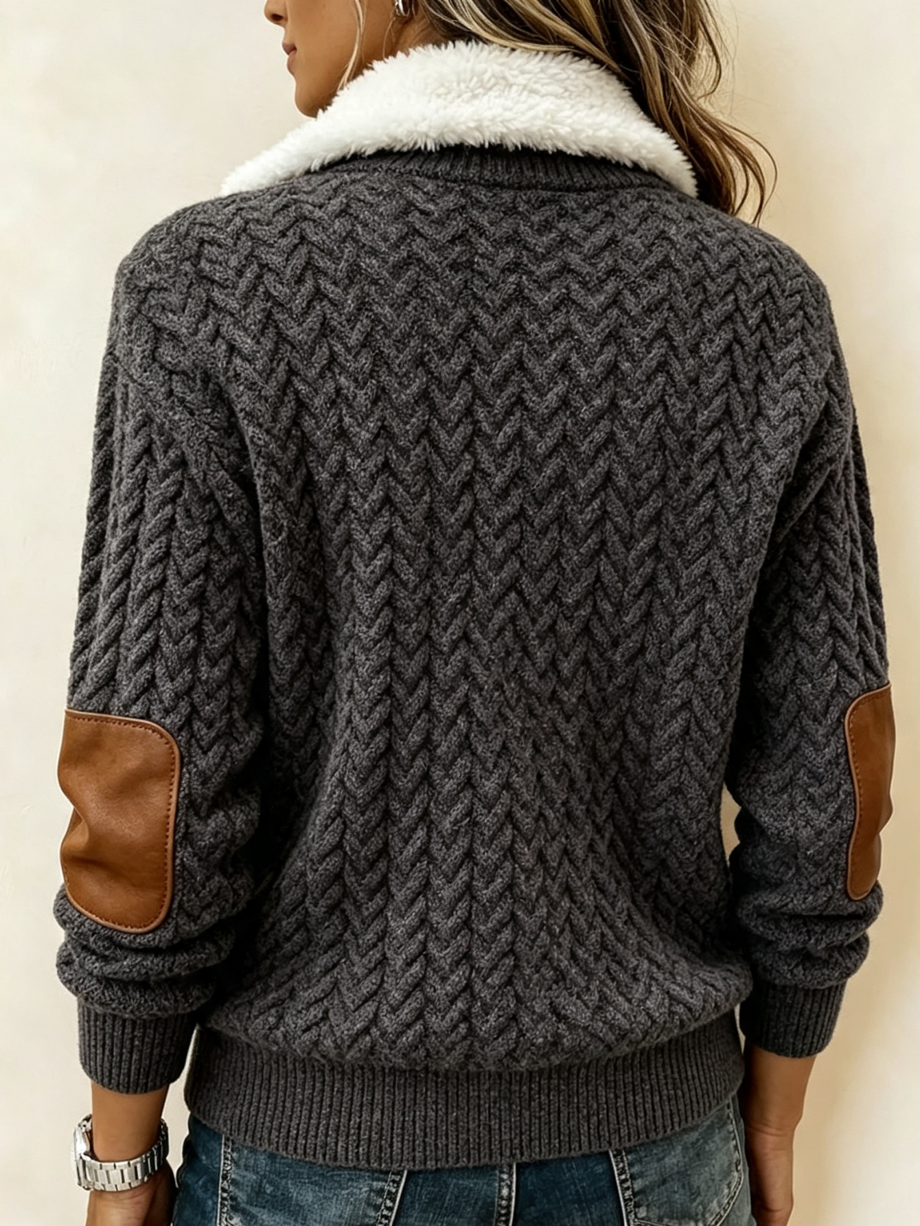 Faux Fur Collar Knit Pullover | Zip Neck Textured Sweater Top
