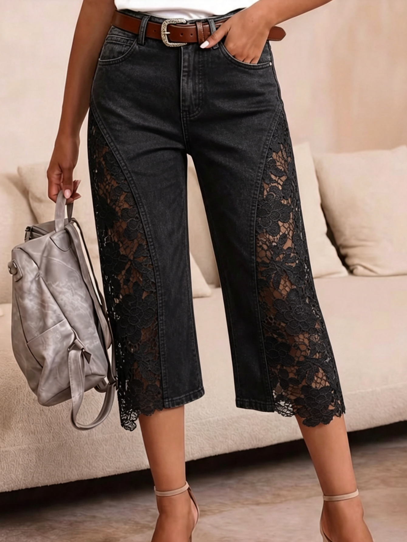Lace Splice Denim Capri Pants
