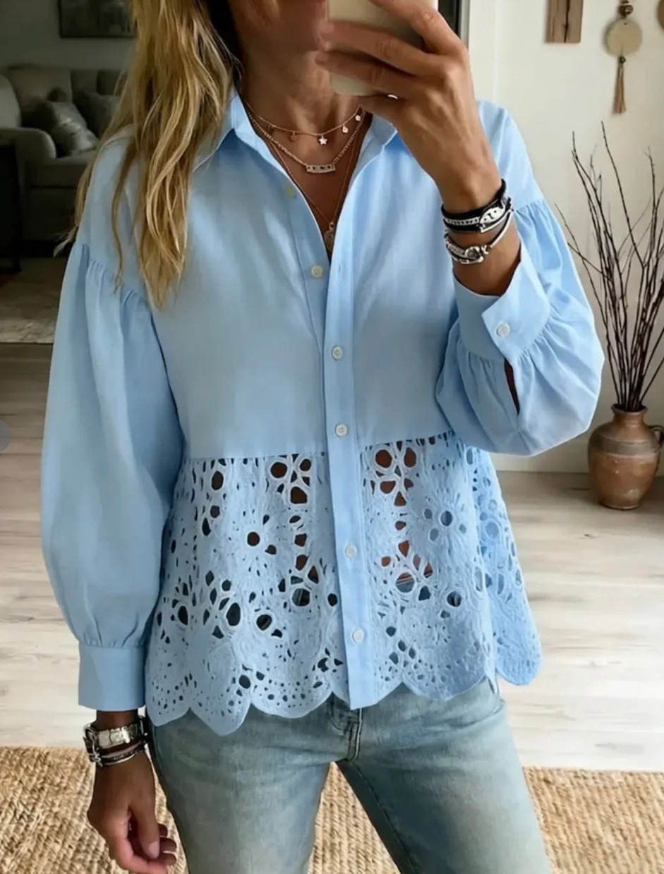 Eyelet Lace Patchwork Balloon Sleeve Button-Down Shirt