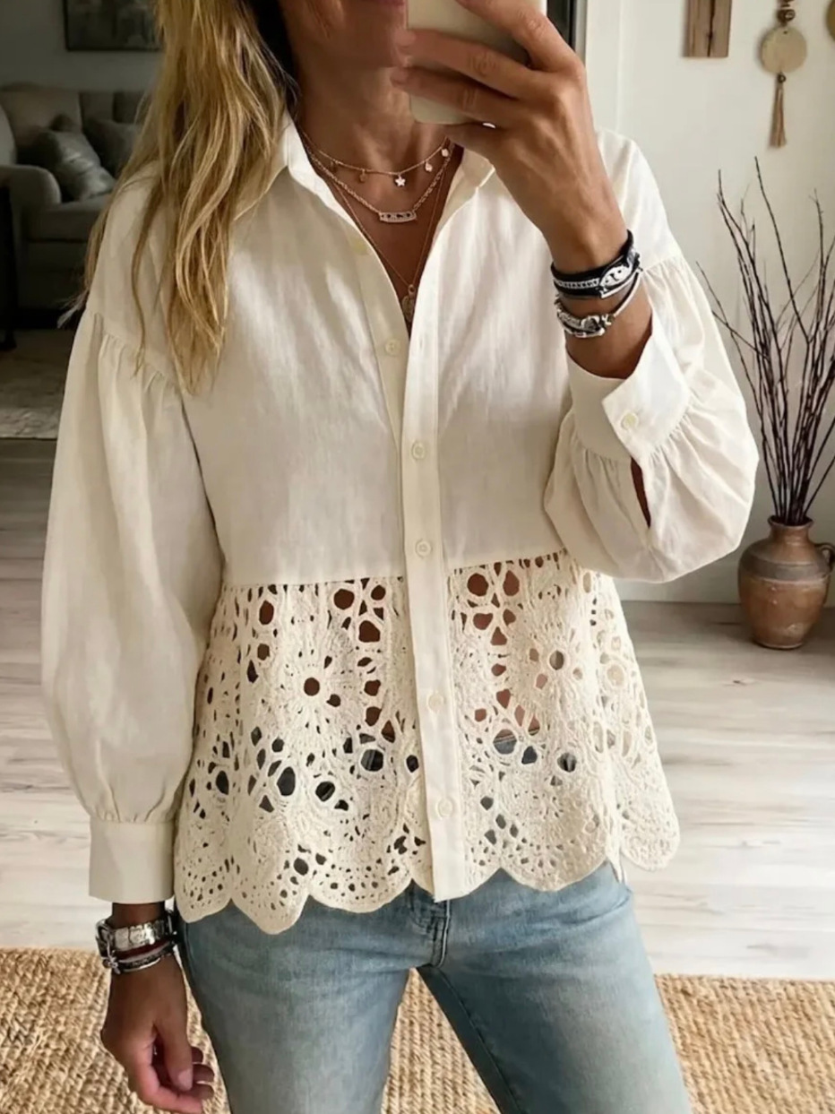 Eyelet Lace Patchwork Balloon Sleeve Button-Down Shirt