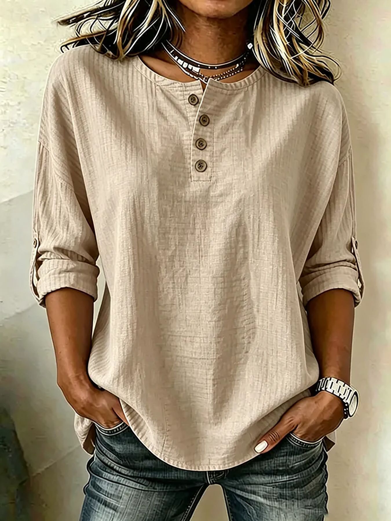 Henley Button Round Neck Cotton Linen Blouse