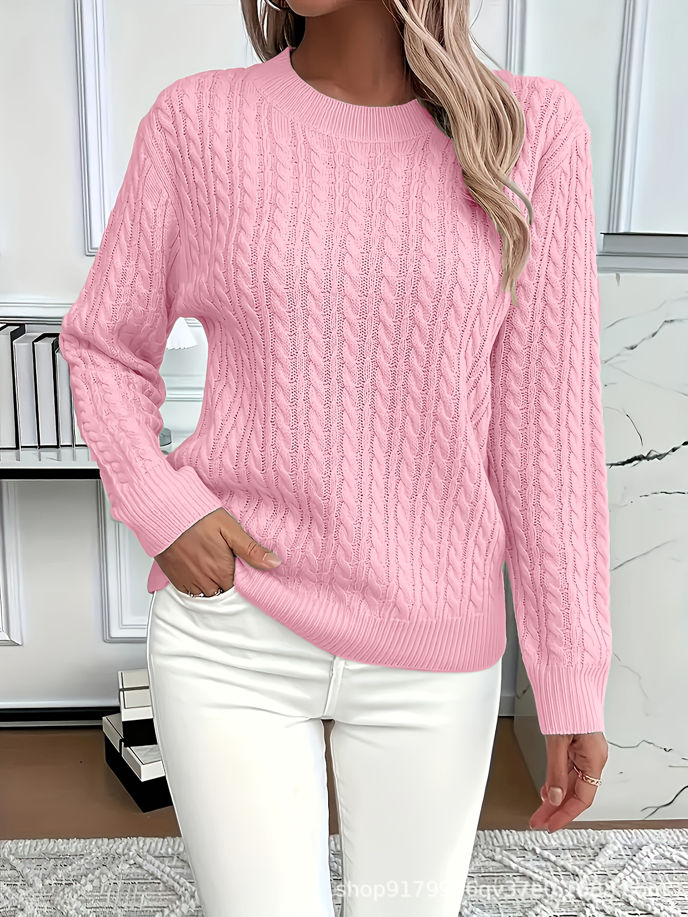 Cable Knit Crew Neck Long Sleeve Sweater