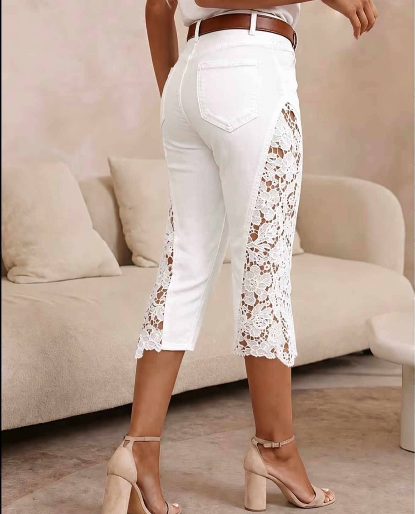 Lace Splice Denim Capri Pants