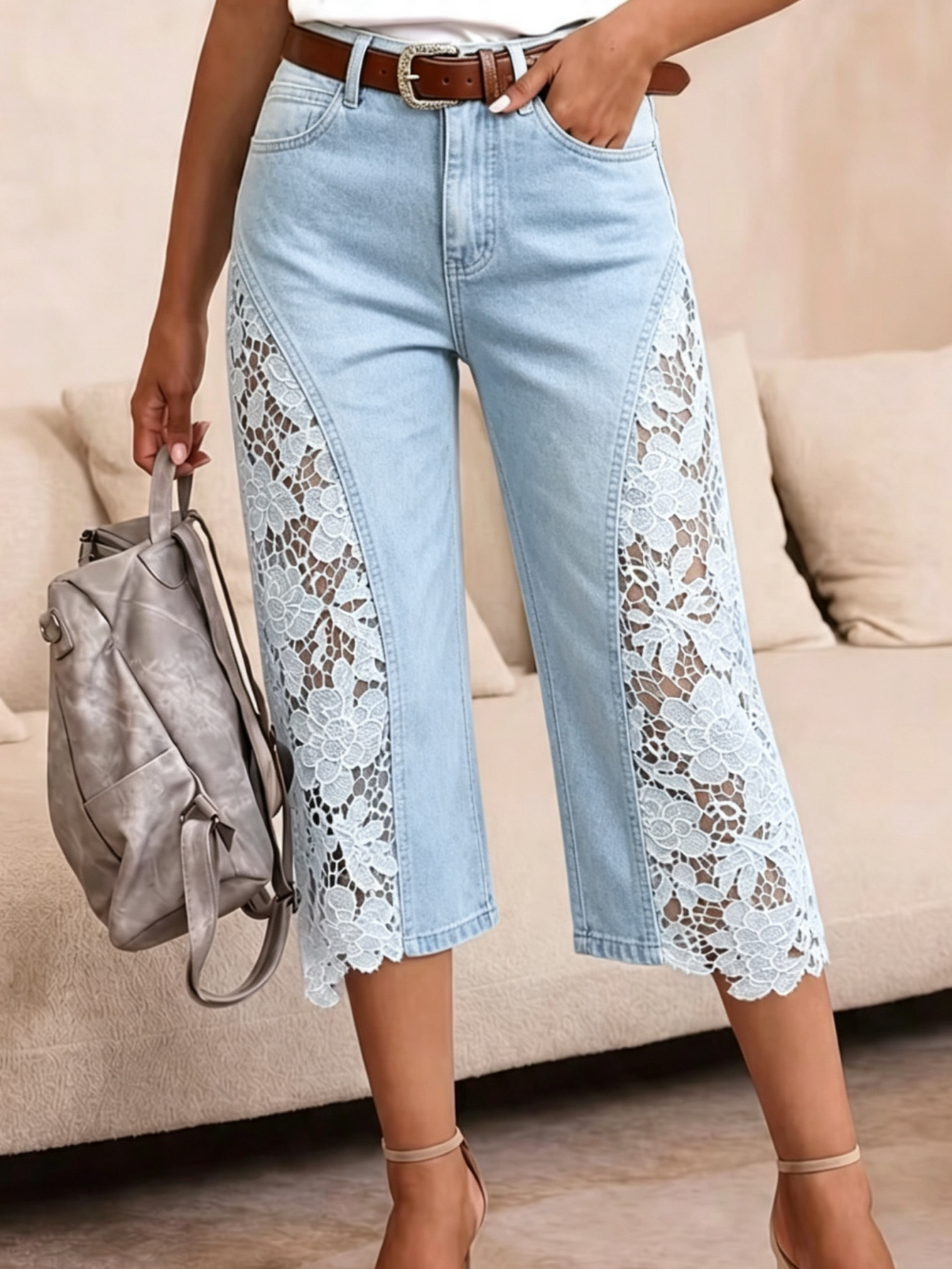 Lace Splice Denim Capri Pants