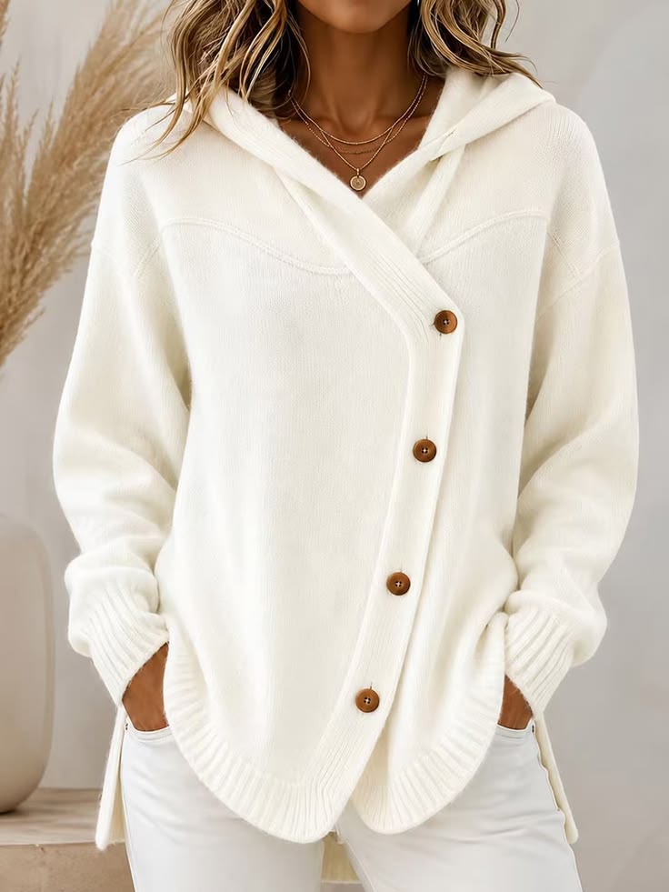 🧥 Women’s Hooded Asymmetric Button Cardigan Loose Knit Sweater Coat