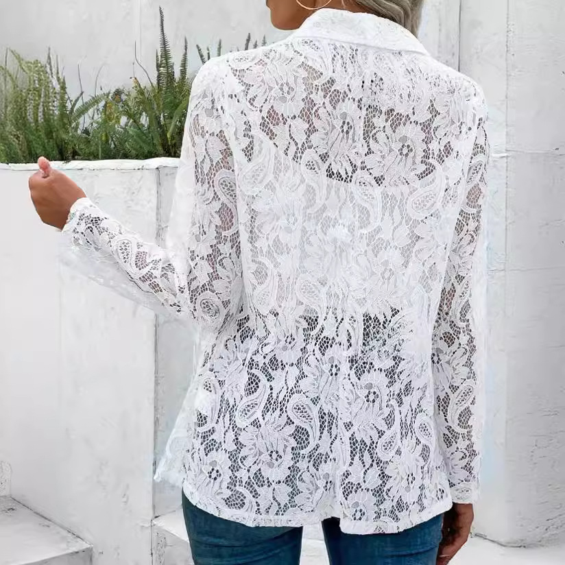 Open Front Floral Lace Lapel Long Sleeve Blaze