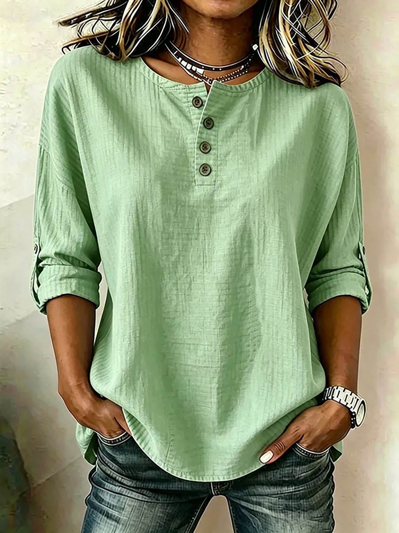 Henley Button Round Neck Cotton Linen Blouse
