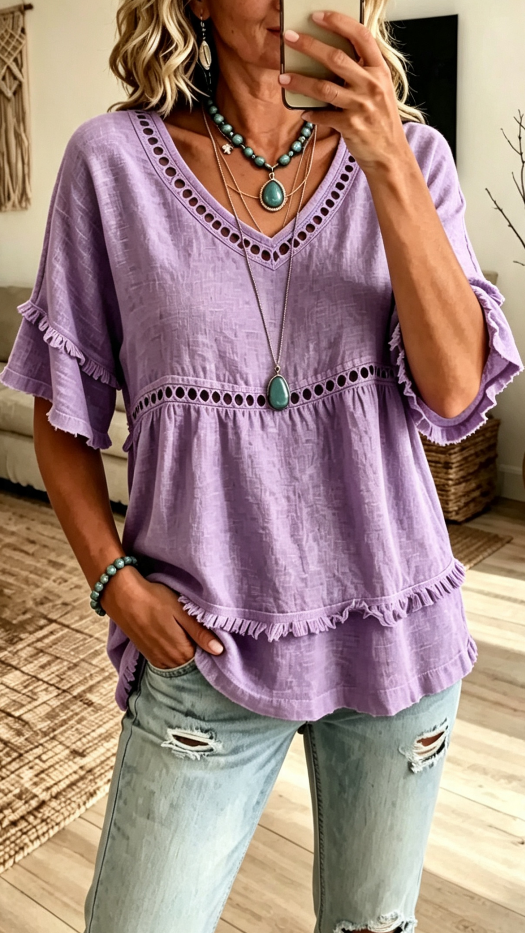 Eyelet Lace Trim Fringe Hem V-Neck Casual Top