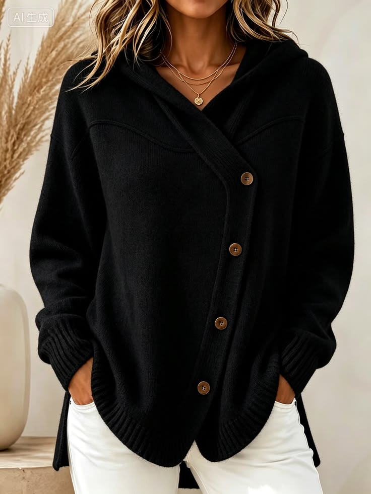🧥 Women’s Hooded Asymmetric Button Cardigan Loose Knit Sweater Coat