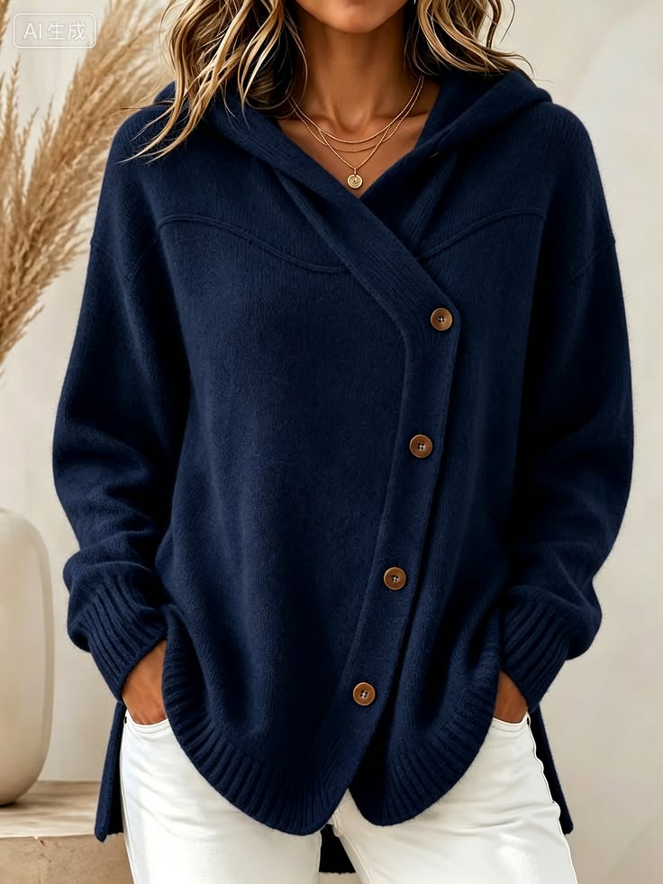 🧥 Women’s Hooded Asymmetric Button Cardigan Loose Knit Sweater Coat