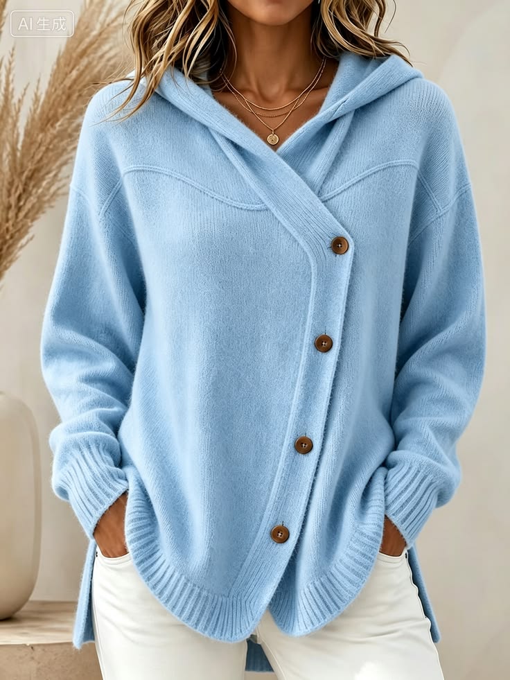 🧥 Women’s Hooded Asymmetric Button Cardigan Loose Knit Sweater Coat