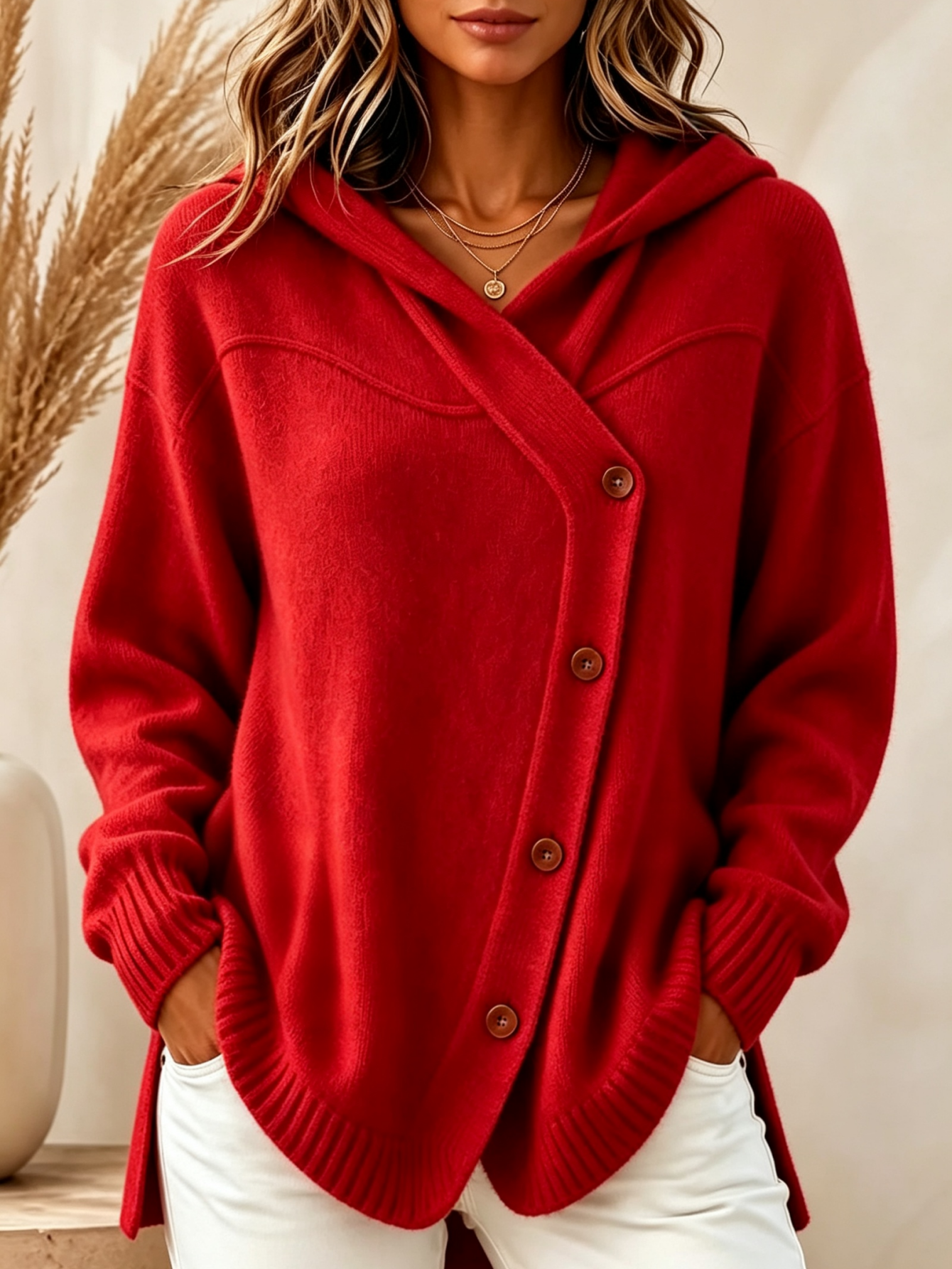 🧥 Women’s Hooded Asymmetric Button Cardigan Loose Knit Sweater Coat