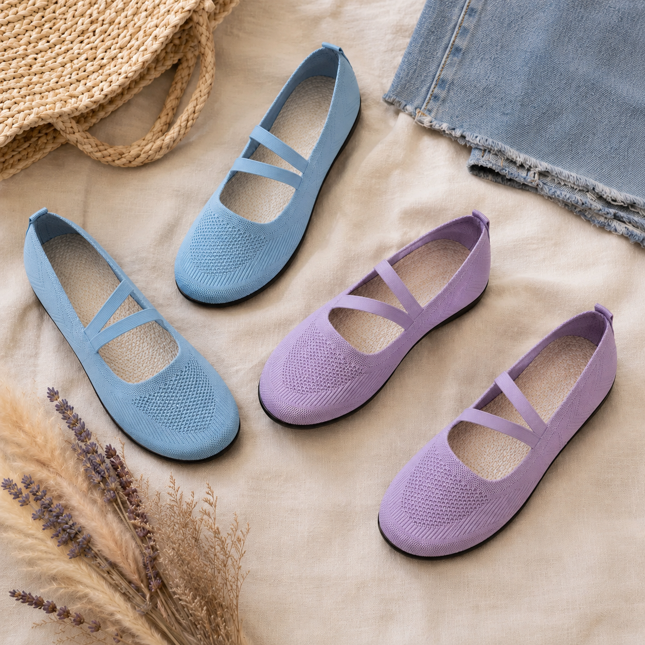 Knit Mary Jane Flats with Elastic Straps for Women, Slip On Breathable Ballet Shoes