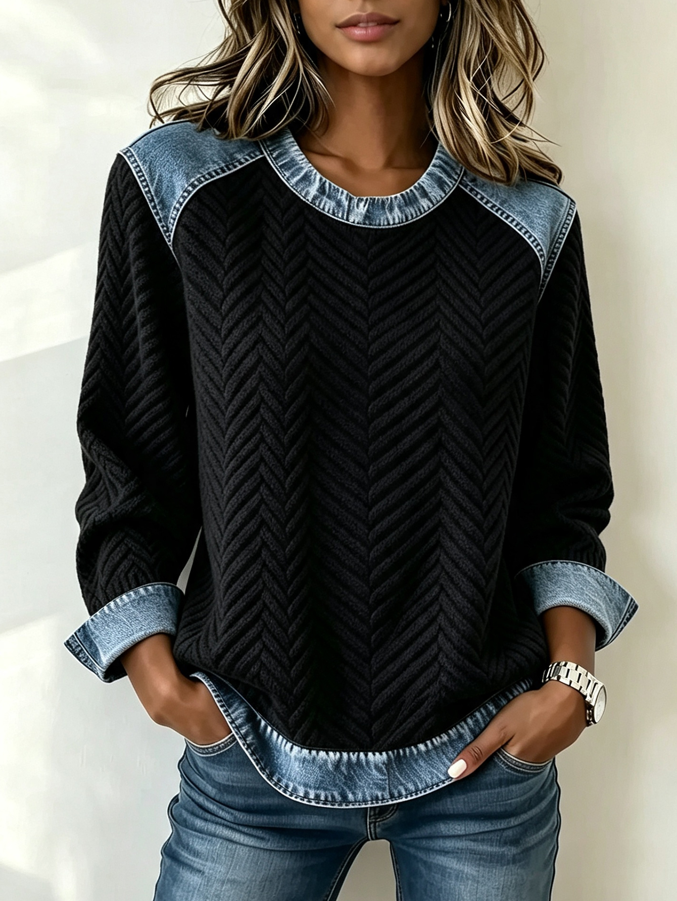 Women's Denim Patchwork Knit Sweater Crewneck Long Sleeve Casual Top