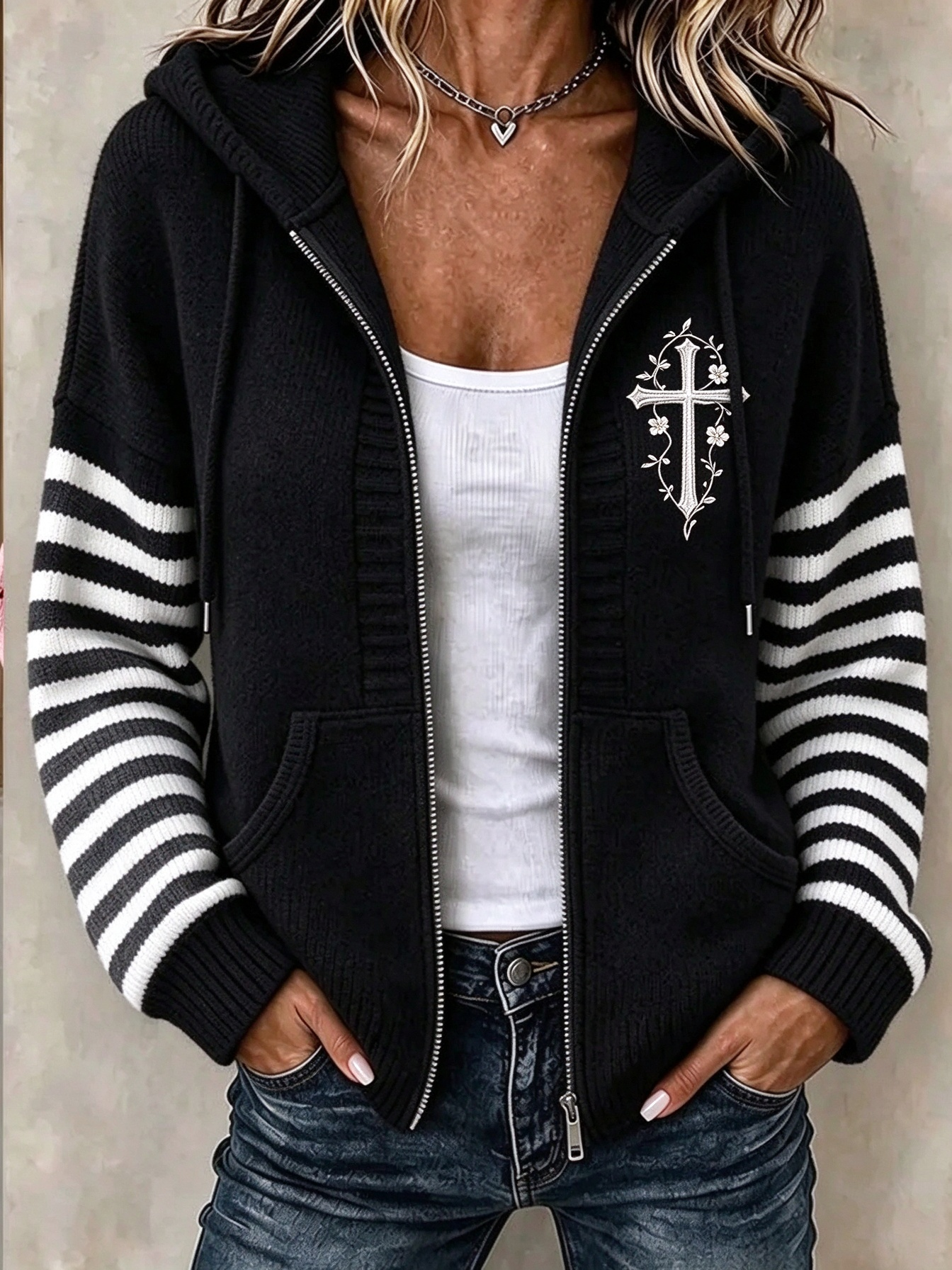 Women Striped Long Sleeve Hoodie Casual Spring/Fall Jacket