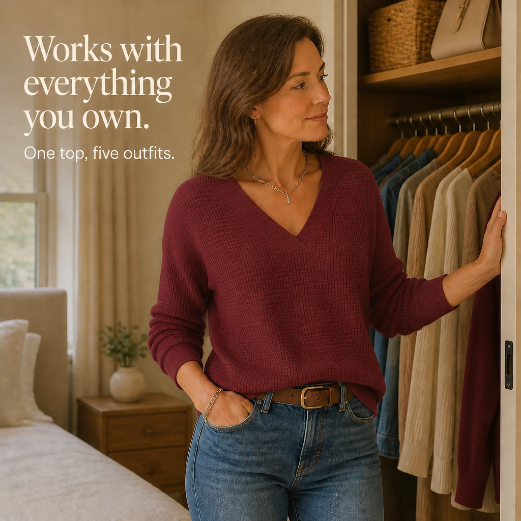 Waffle Knit Drop-Shoulder V-Neck Top