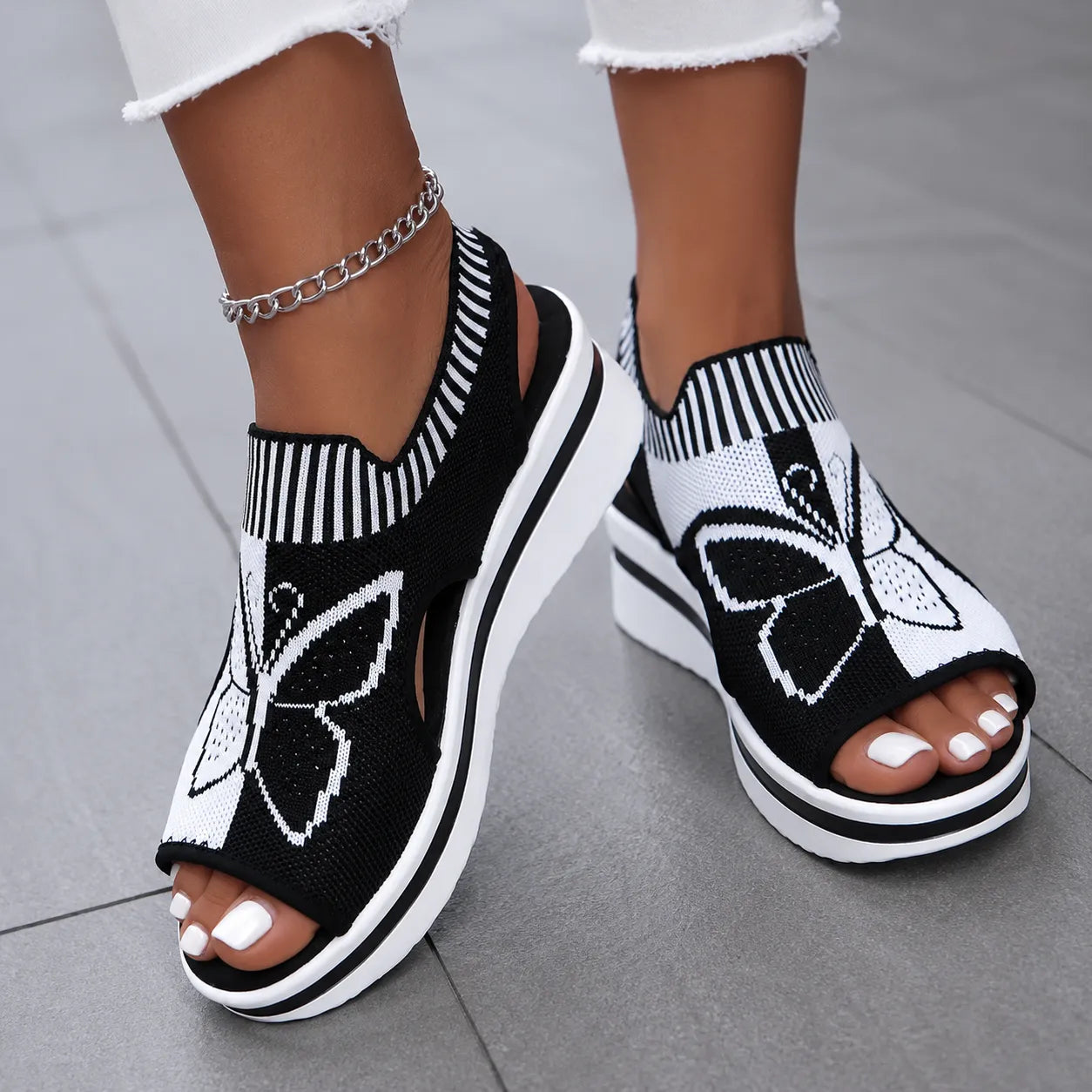 Butterfly Knit Platform Peep Toe Sandals for Women