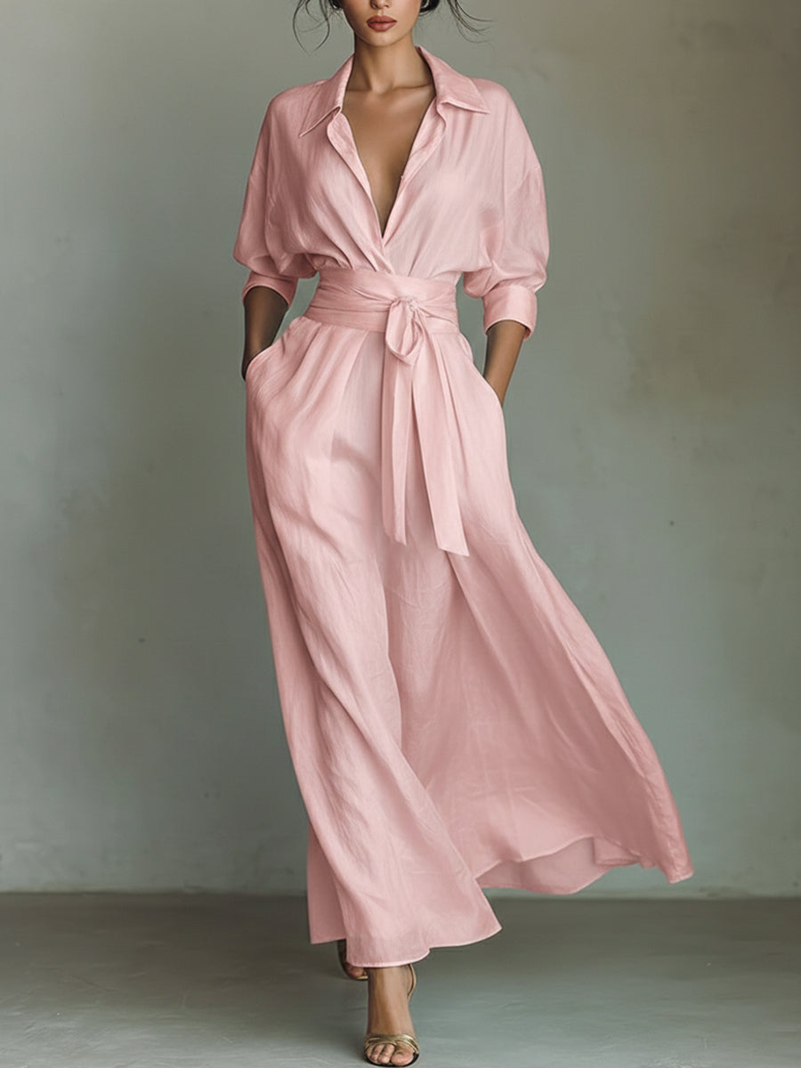 Women's Solid Color Waist-Slimming Maxi Dress — Flip Collar