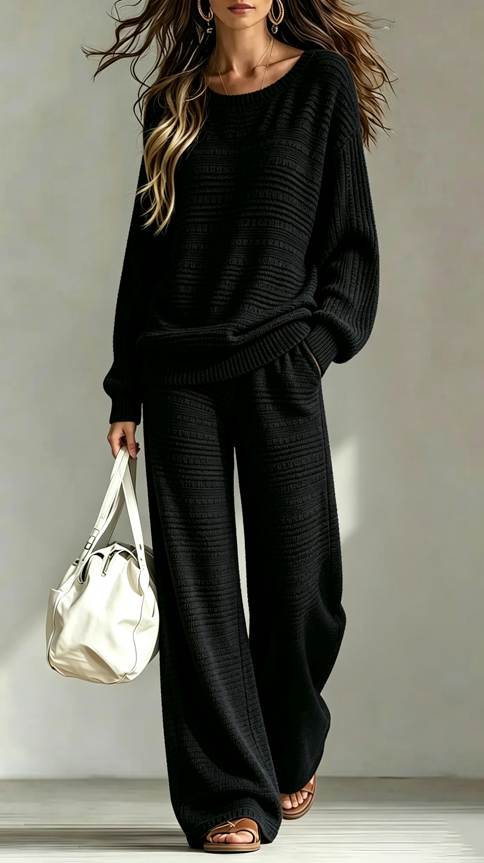 Textured Rib‑Knit Crew Neck Wide‑Leg Knit Two‑Piece Set