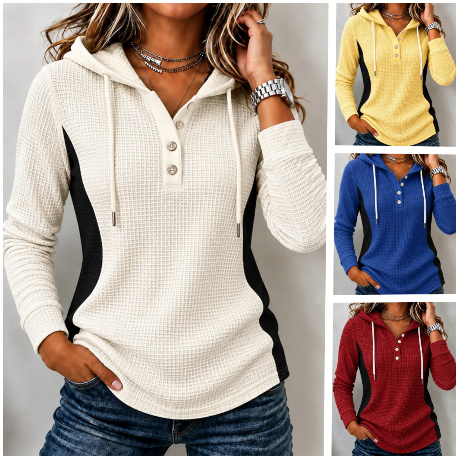 🧥✨ Women's Waffle-Knit Color-Block Hooded Casual Sweatshirt 💕