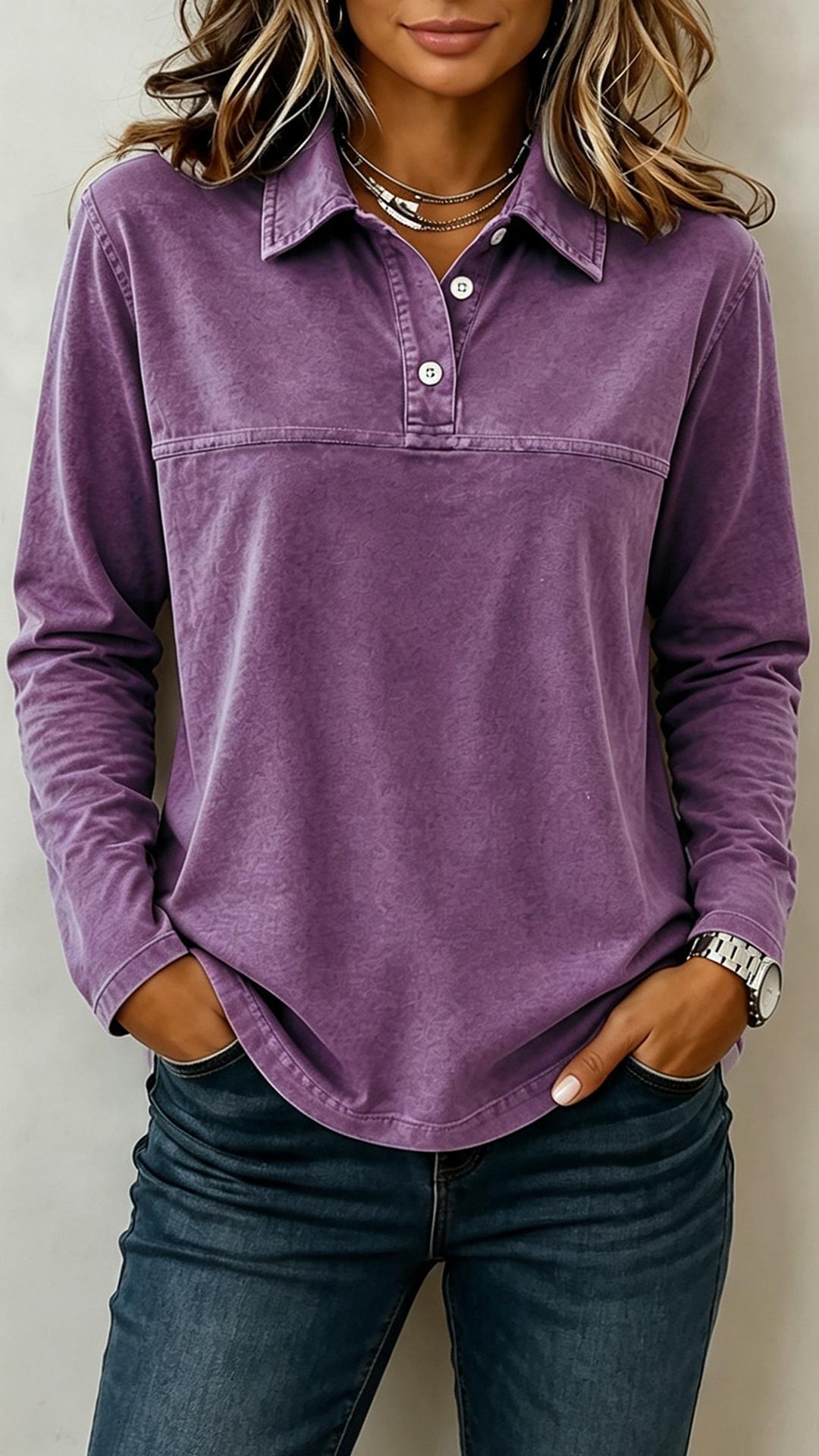 Women’s Washed Denim Look Long Sleeve Polo Shirt, Collared Half Button Casual Pullover Top