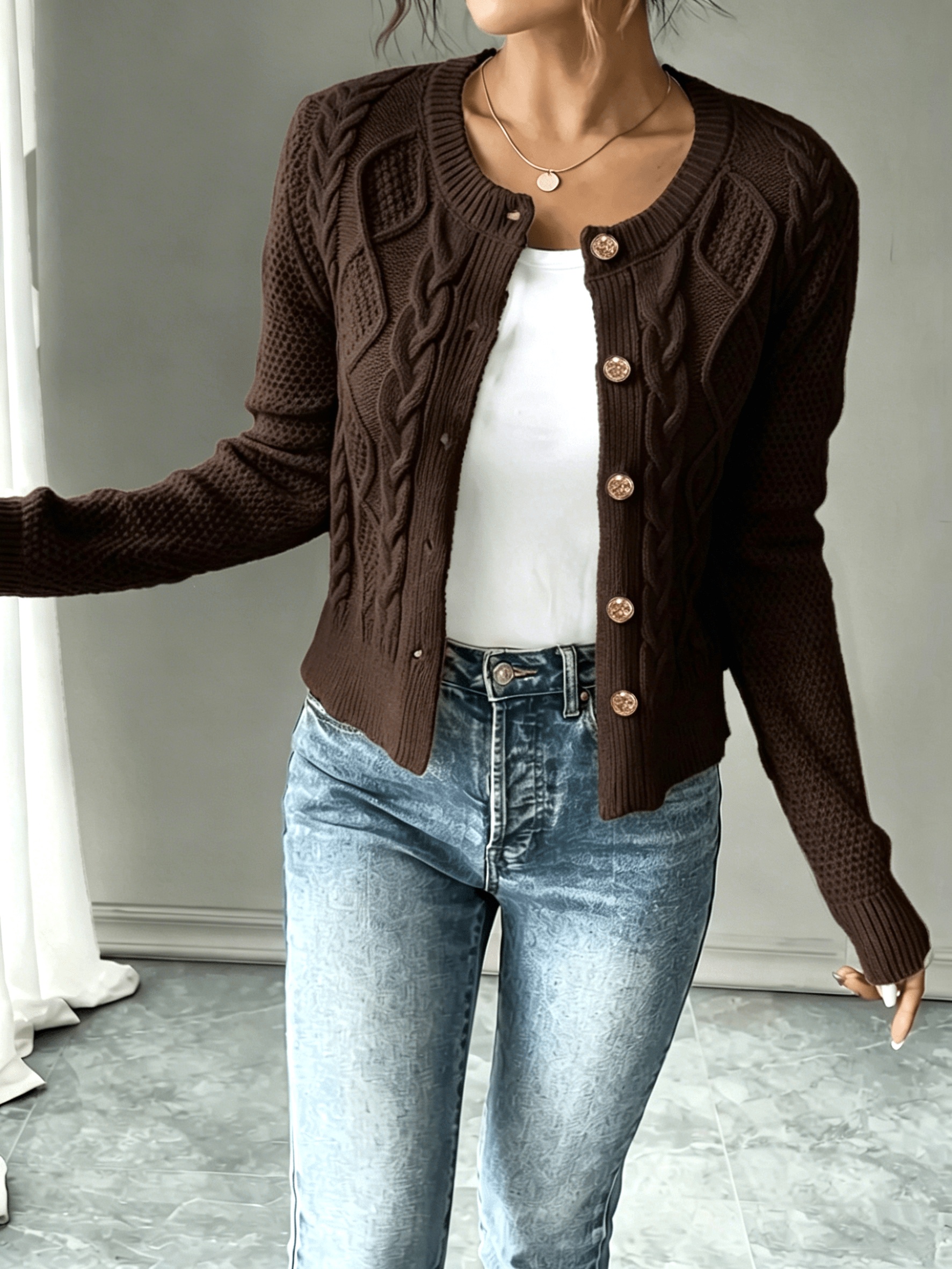 Cable Knit Button Front Cropped Cardigan Sweater