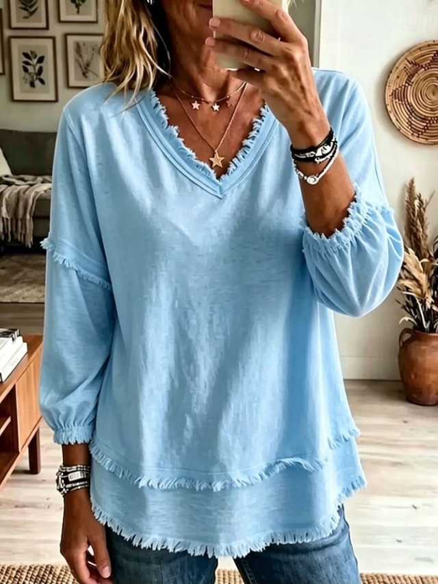 Women's Shirt Boho Shirt Lace Shirt Fringe Solid Color Plain Bohemia Vacation Daily Long Sleeve V Neck Long Tops