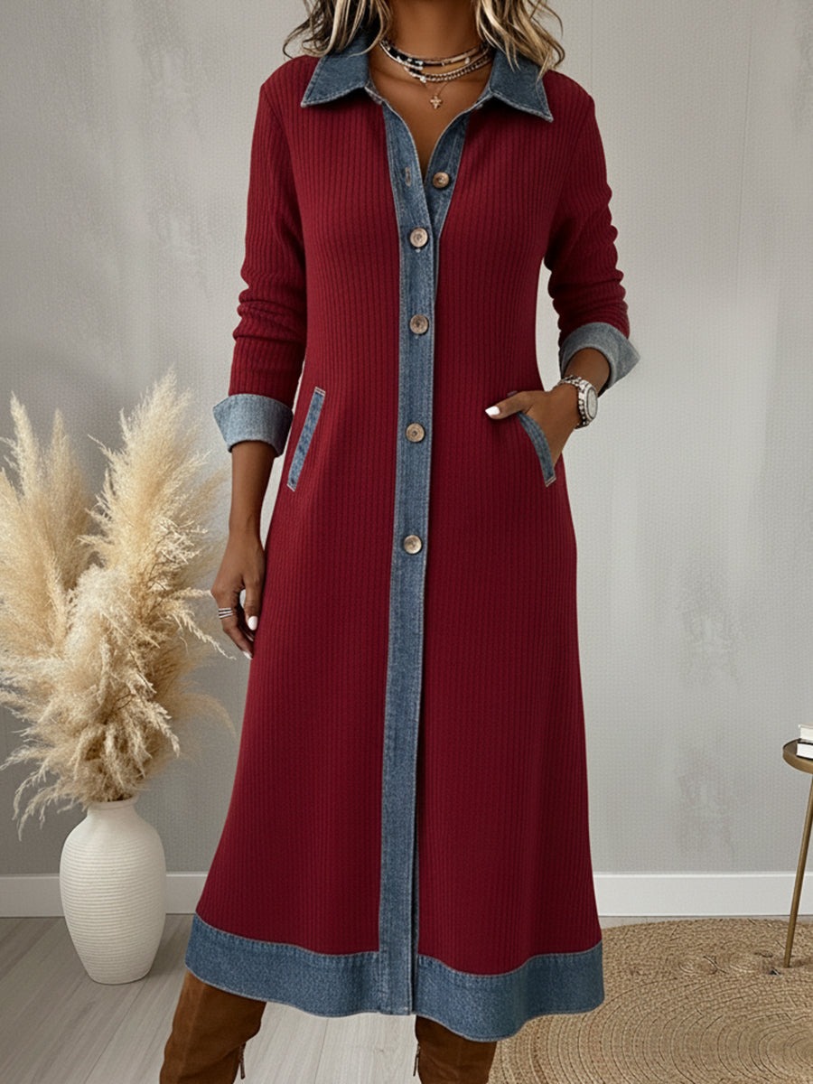 Denim Trim Ribbed Knit Long Button Front Shirt Coat