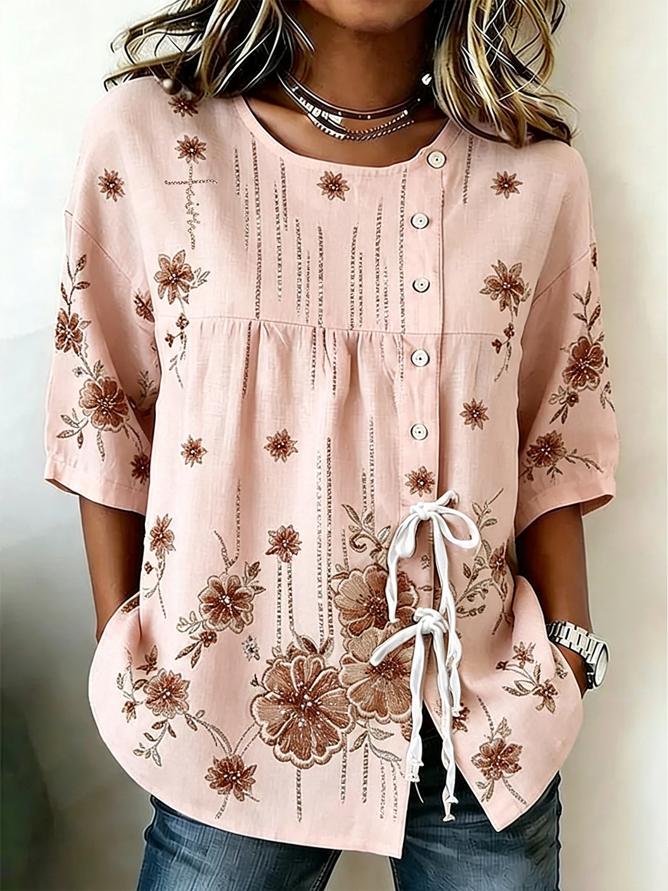 Women's Faith Flower Button Strap Cotton And Linen Shirt