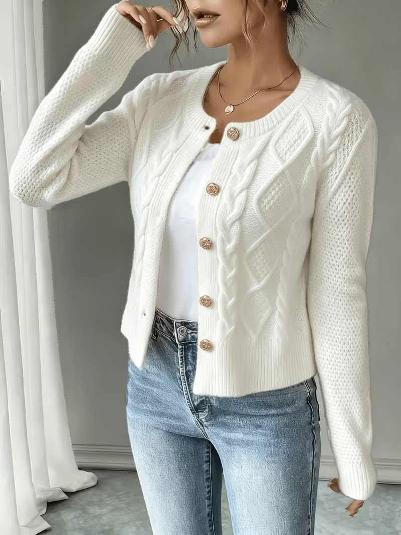 Cable Knit Button Front Cropped Cardigan Sweater