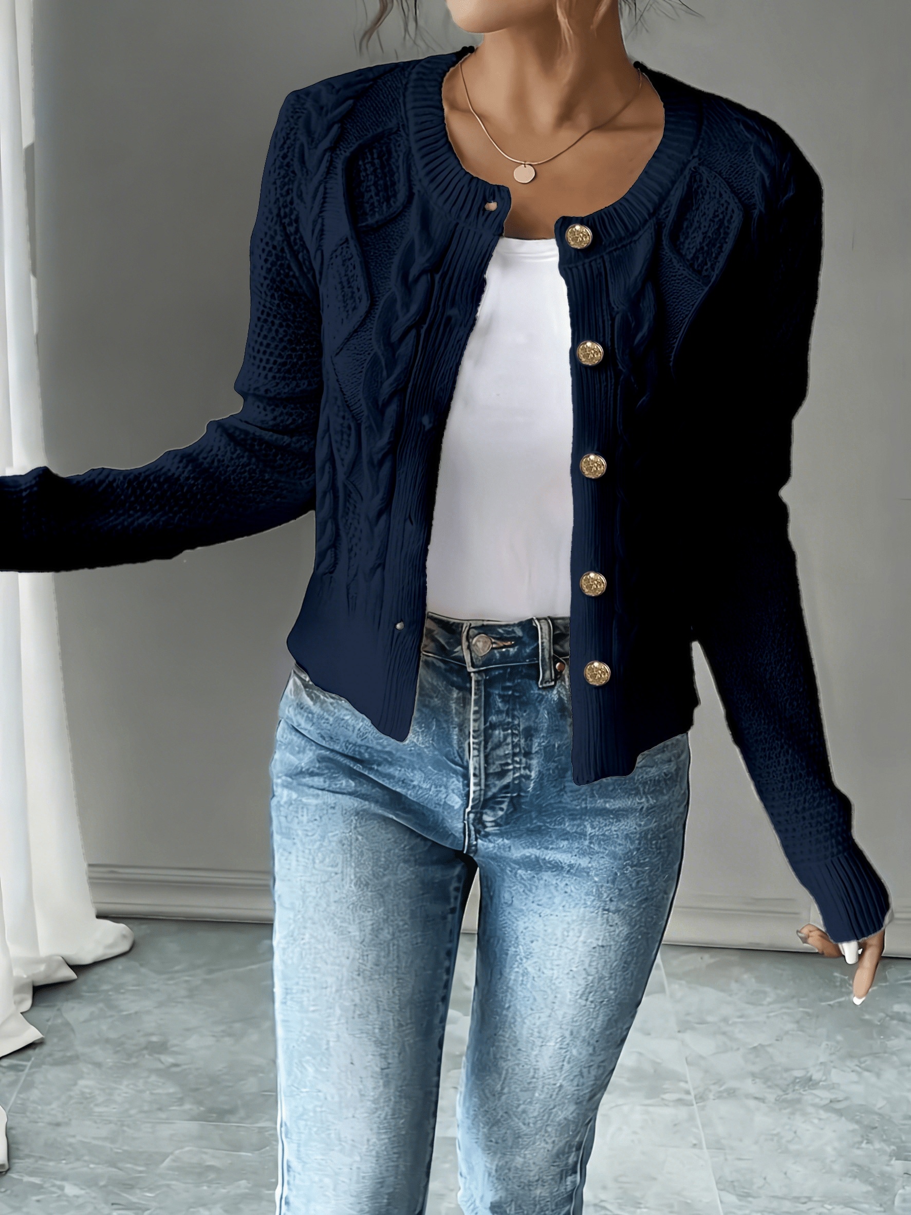 Cable Knit Button Front Cropped Cardigan Sweater