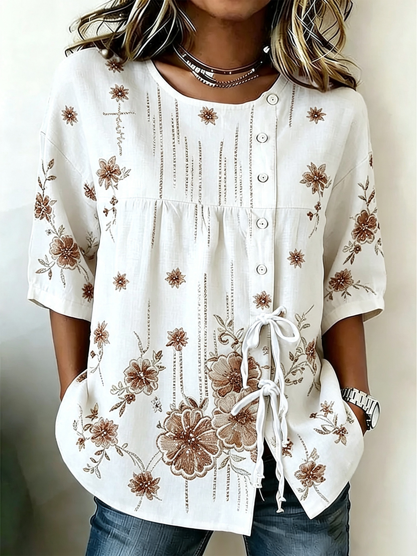Women's Faith Flower Button Strap Cotton And Linen Shirt