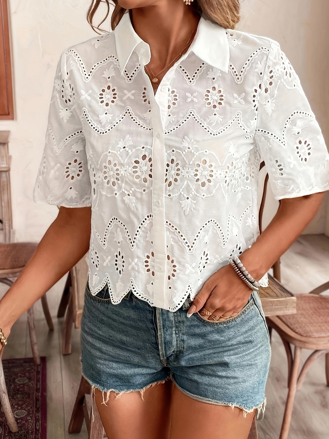 Women’s Eyelet Embroidered Short Sleeve Shirt, Button Down Hollow Out Scallop Trim Casual Blouse