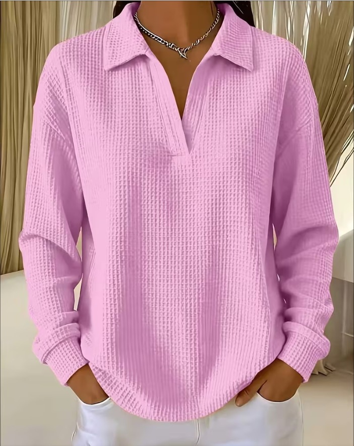 Waffle Knit Collared V-Neck Long Sleeve Top