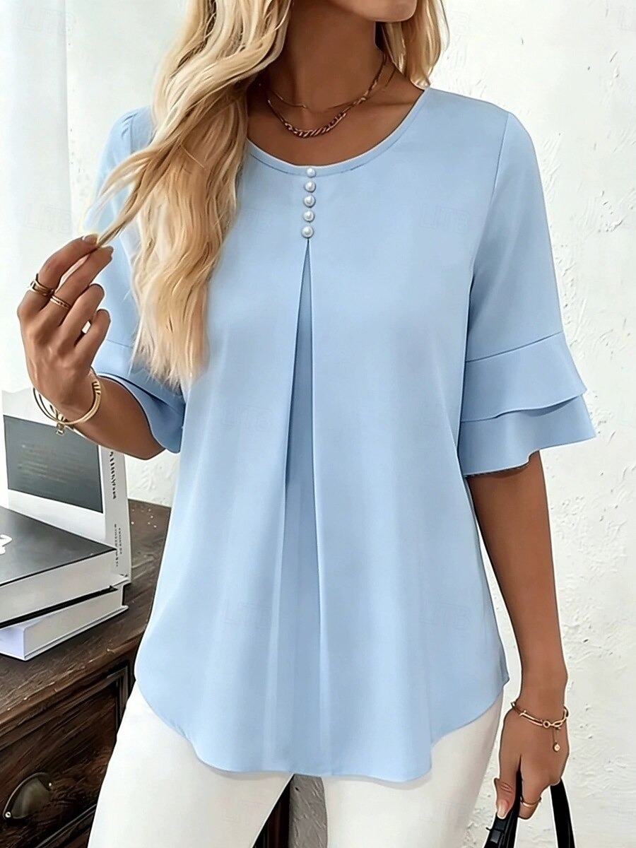 Women's Pearl Button Round Neck Ruffle Sleeve Loose Blouse