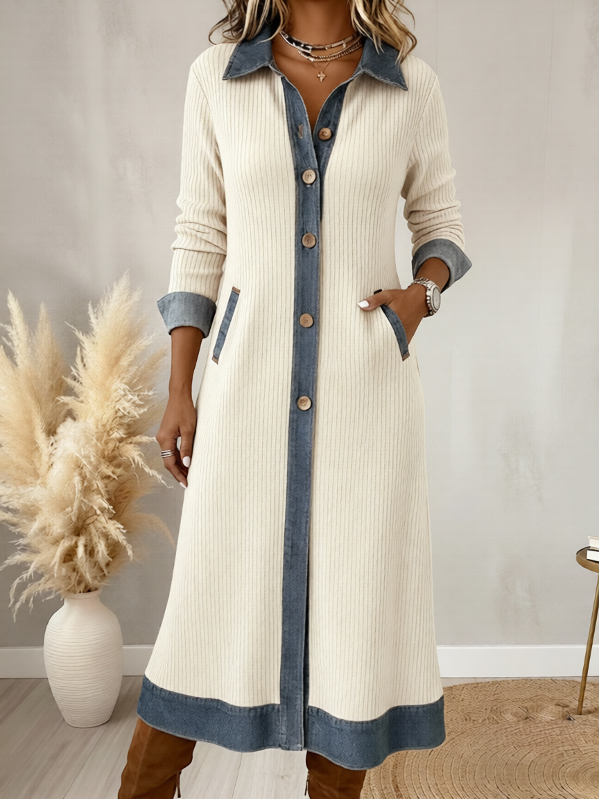 Denim Trim Ribbed Knit Long Button Front Shirt Coat