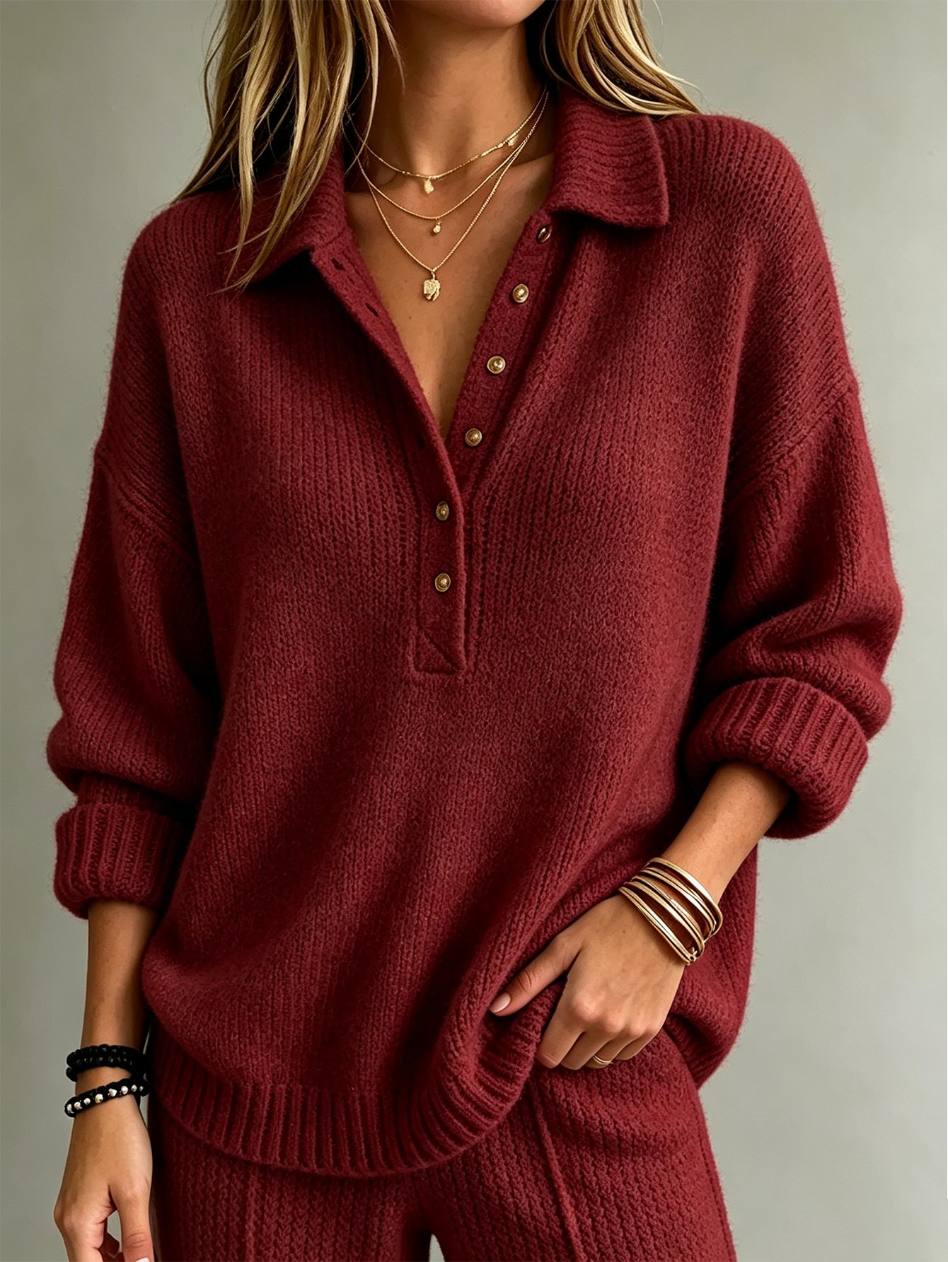Women’s Oversized Polo Sweater, Collared Half Button Knit Pullover, Casual Long Sleeve Knit Top