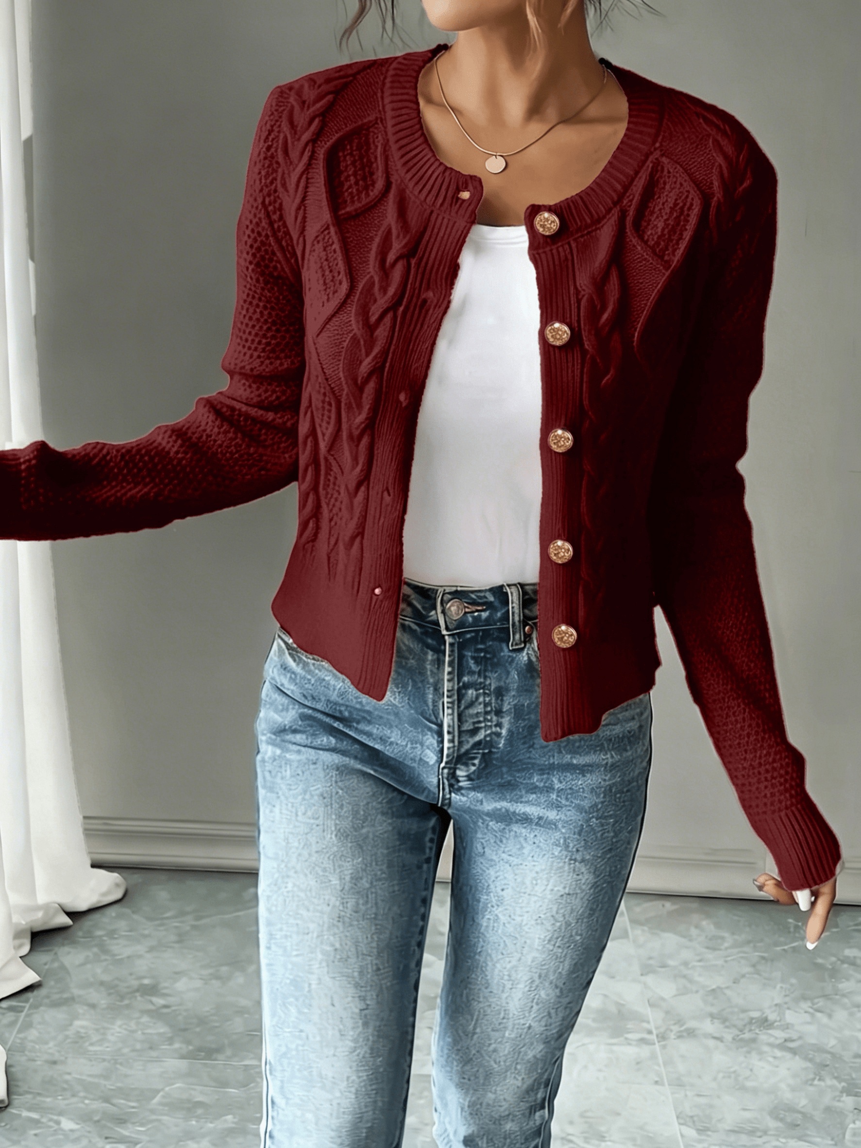 Cable Knit Button Front Cropped Cardigan Sweater