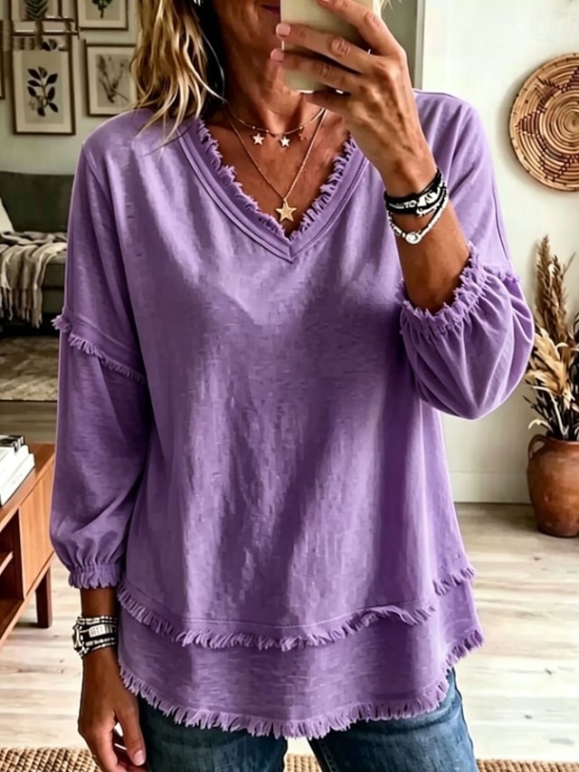 Women's Shirt Boho Shirt Lace Shirt Fringe Solid Color Plain Bohemia Vacation Daily Long Sleeve V Neck Long Tops