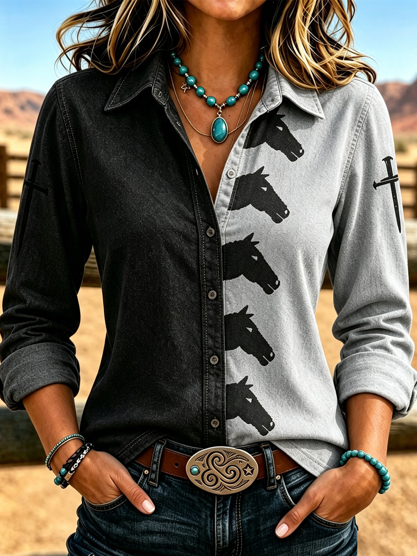 Women’s Two-Tone Western Shirt, Color Block Horse Print Button Down Top