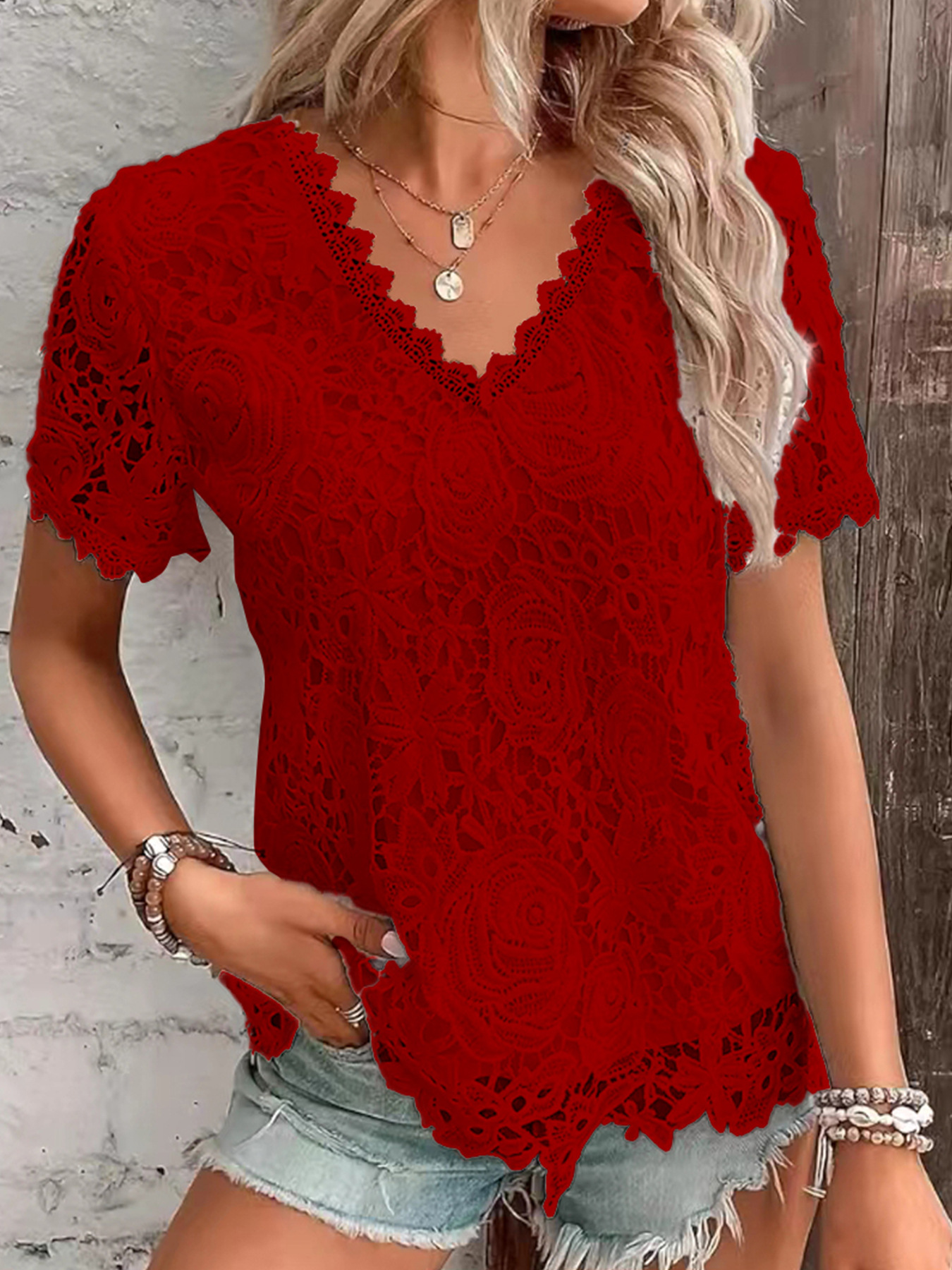 Women’s Floral Crochet Lace V Neck Short Sleeve Scalloped Hem Blouse