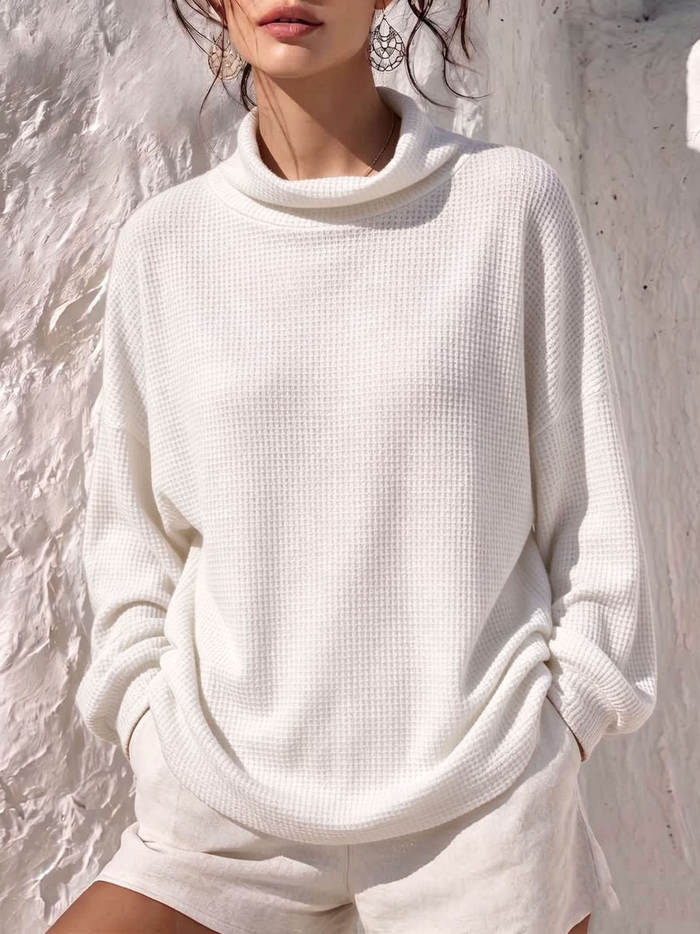 Women’s Waffle Knit Turtleneck Long Sleeve Loose Pullover Top