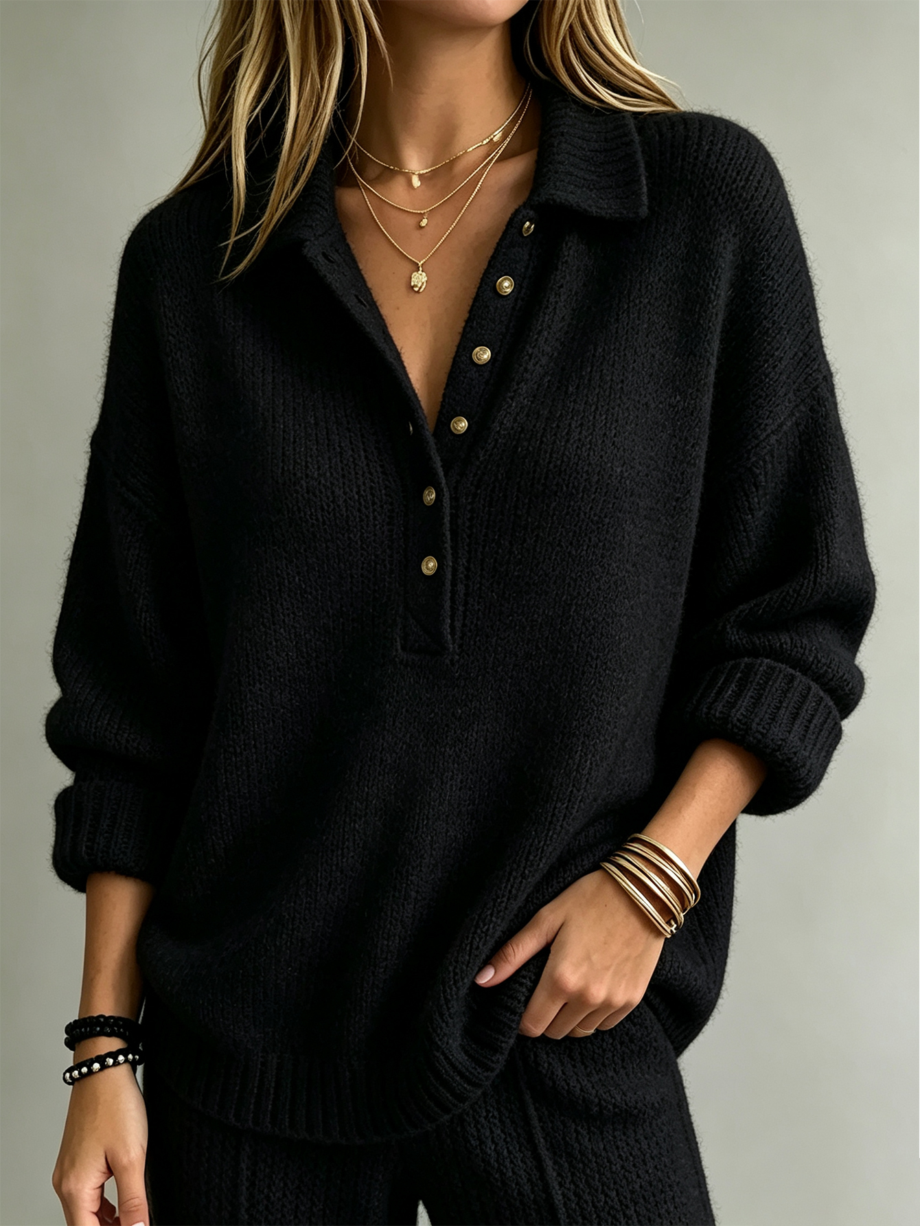 Women’s Oversized Polo Sweater, Collared Half Button Knit Pullover, Casual Long Sleeve Knit Top